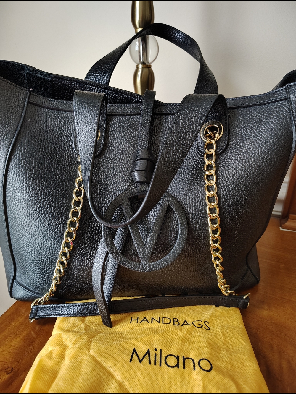 Milano Black Pebbled Leather Tote with Gold Chain